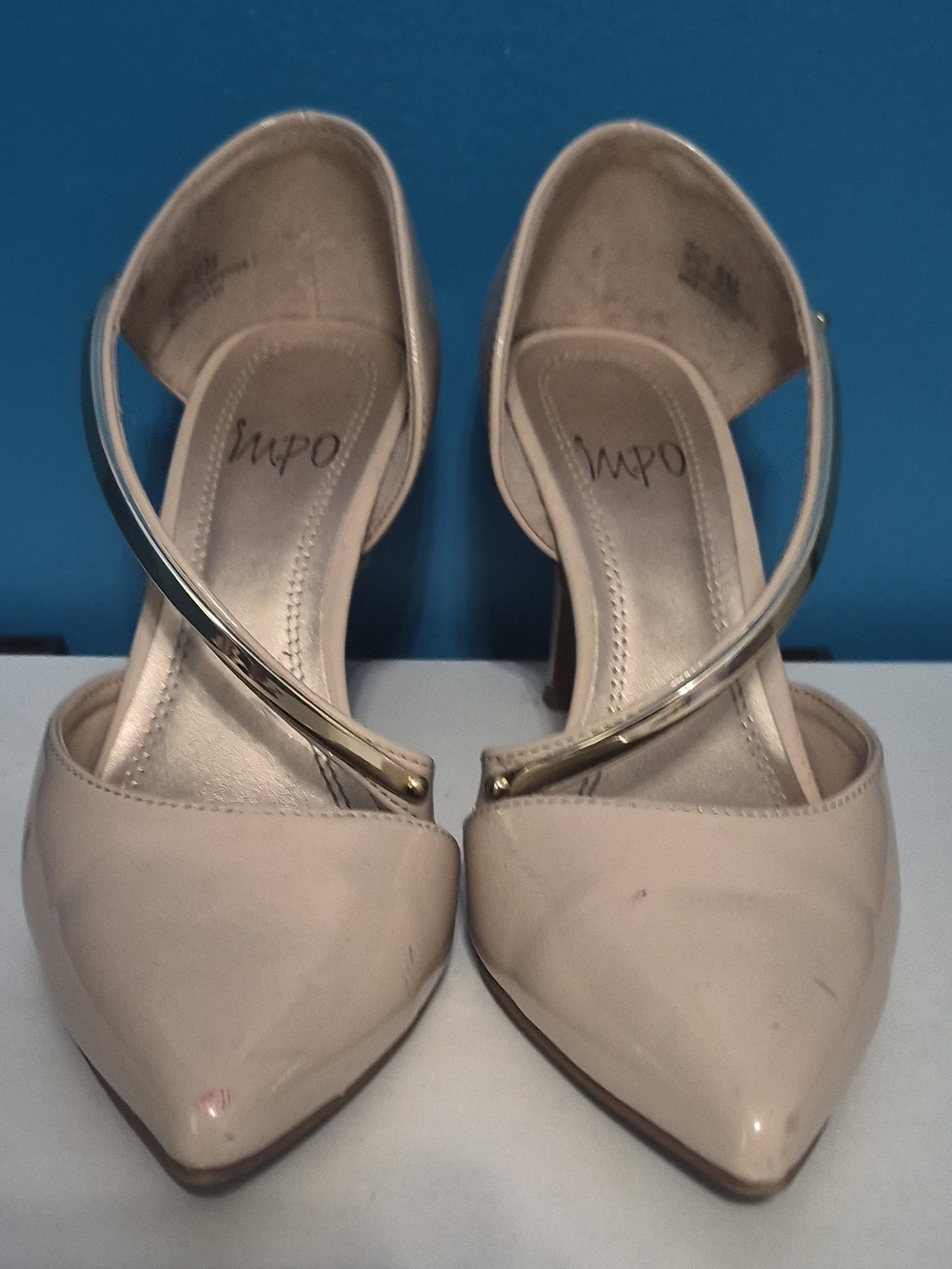 Impo Beige Pointed D'Orsay Heels with Gold Metallic Strap